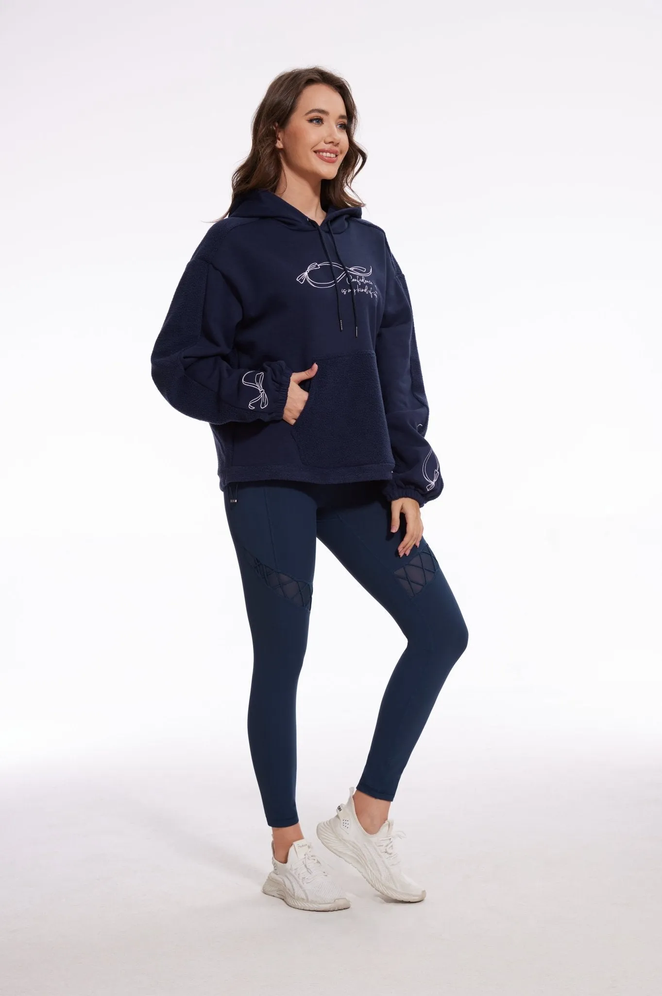 Ribbon Dropped Shoulder Loose Kangaroo Hooded Fleece Sweatshirt - Navy Blue