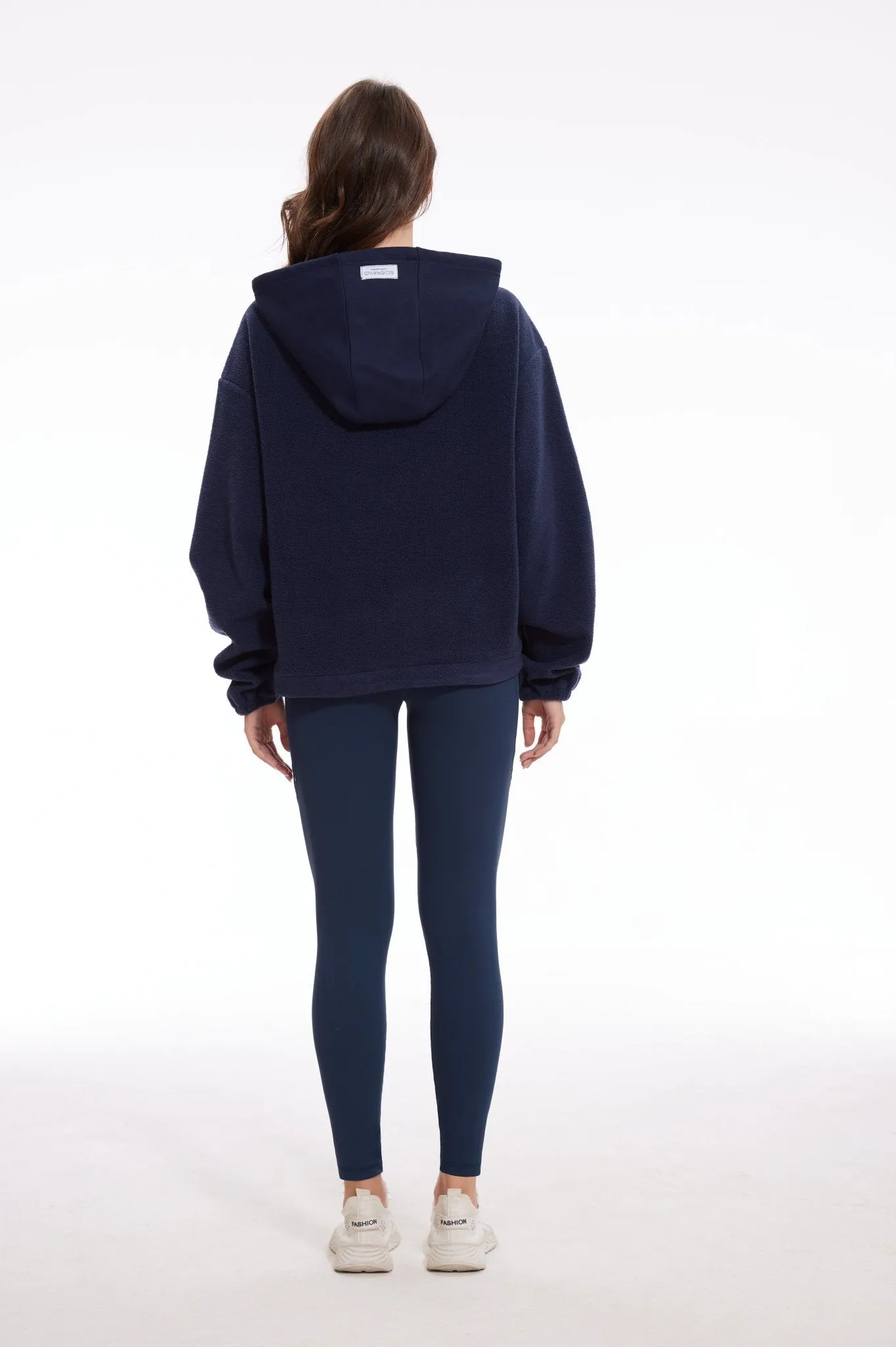 Ribbon Dropped Shoulder Loose Kangaroo Hooded Fleece Sweatshirt - Navy Blue