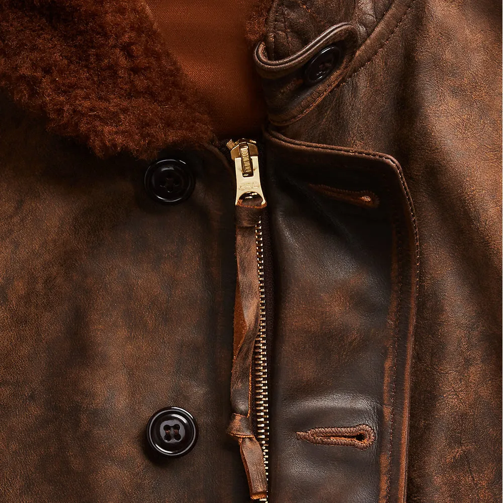 RRL by Ralph Lauren Shearling-Collar Leather Deck Jacket Brown