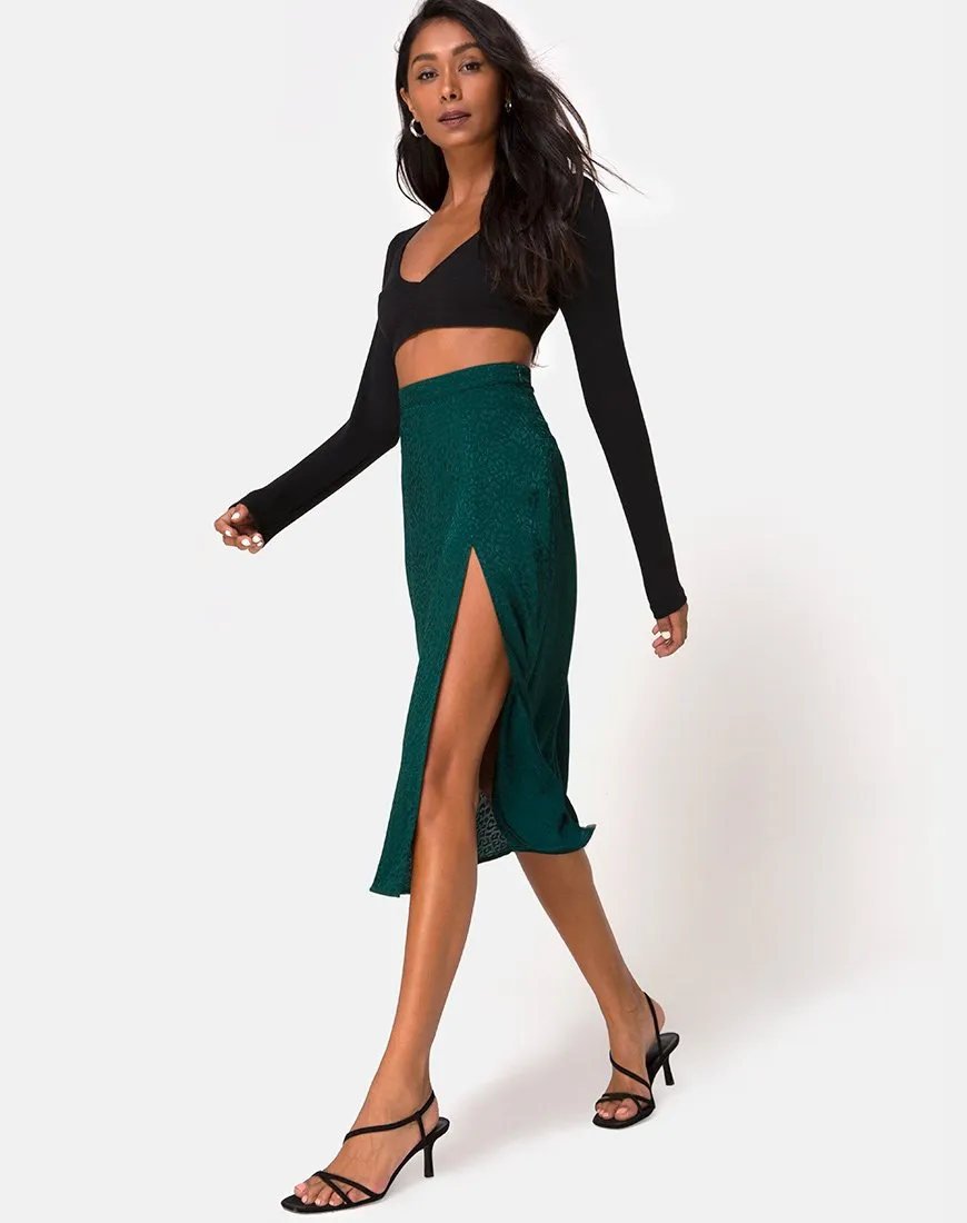 Saika Midi Skirt in Satin Cheetah Forest Green