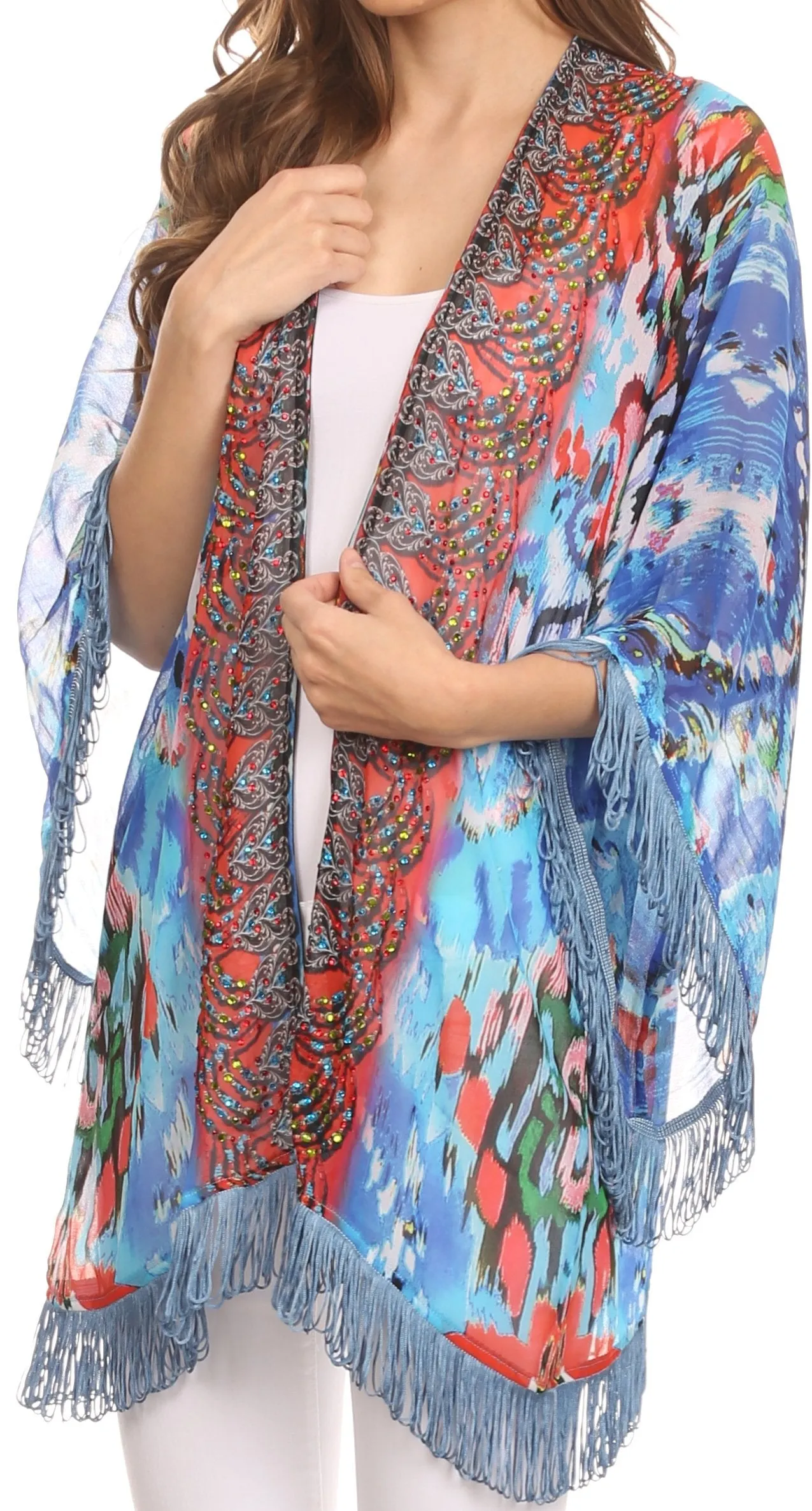 Sakkas Kimono Finley Sheer Kimono Top Cardigan Jacket With With Fringe And Design Print