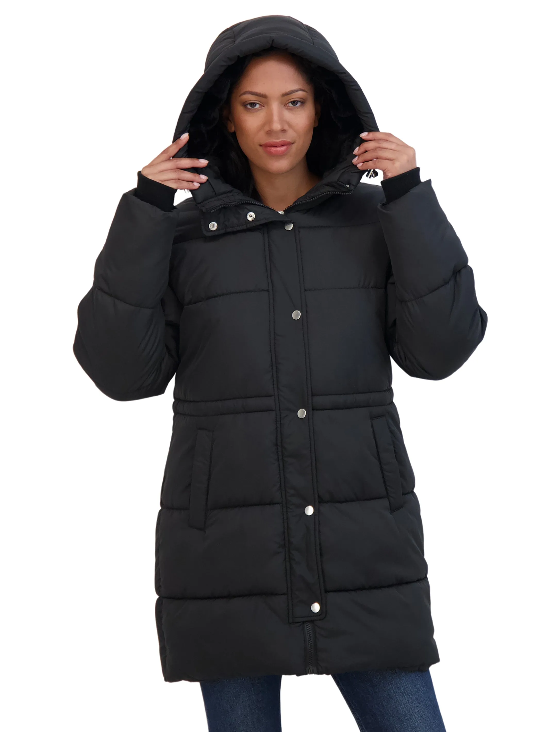 Sebby Collection Women's 3/4 Cozy Lined Hooded Puffer Coat With Drawstring Waist