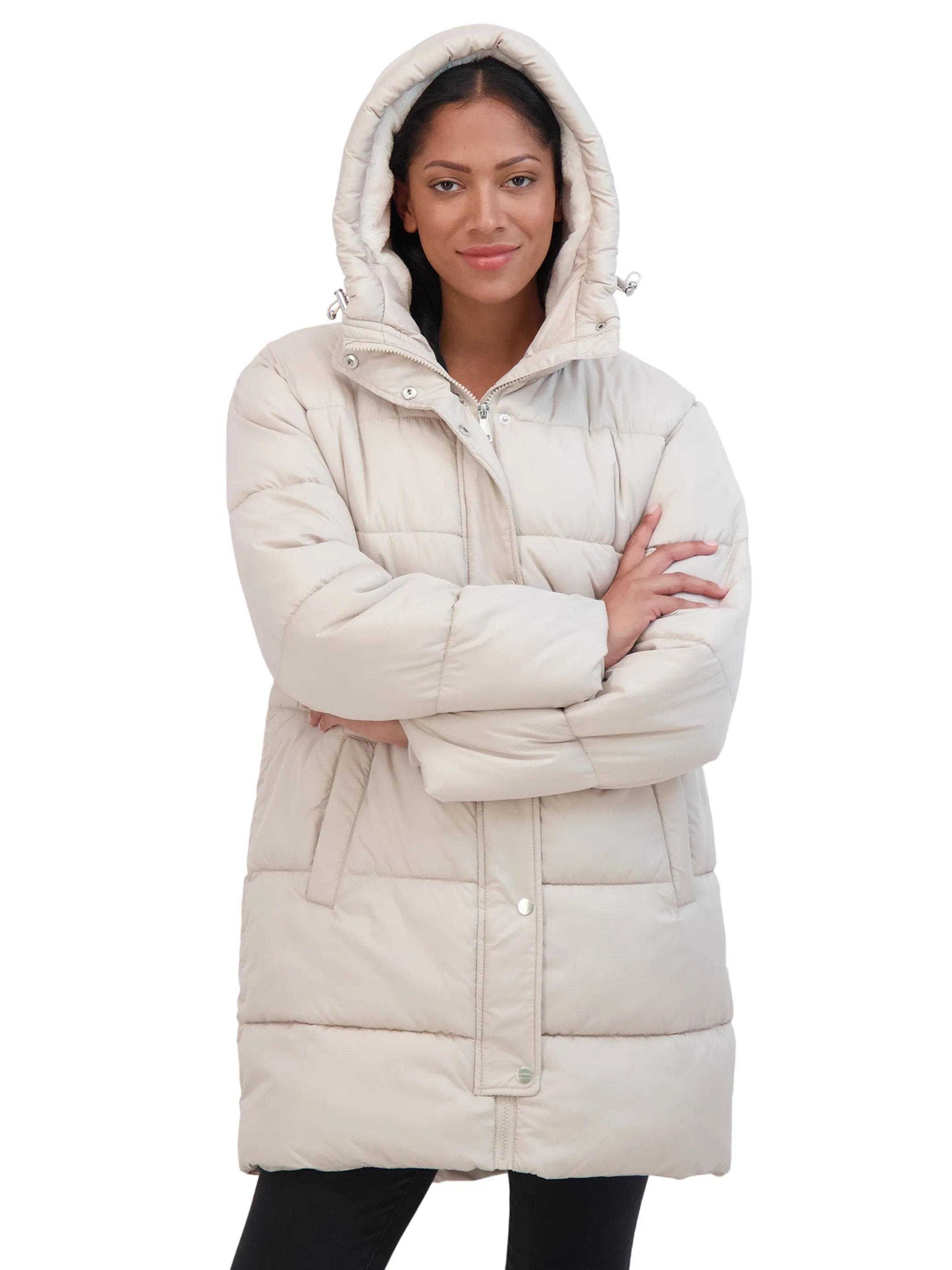 Sebby Collection Women's 3/4 Cozy Lined Hooded Puffer Coat With Drawstring Waist