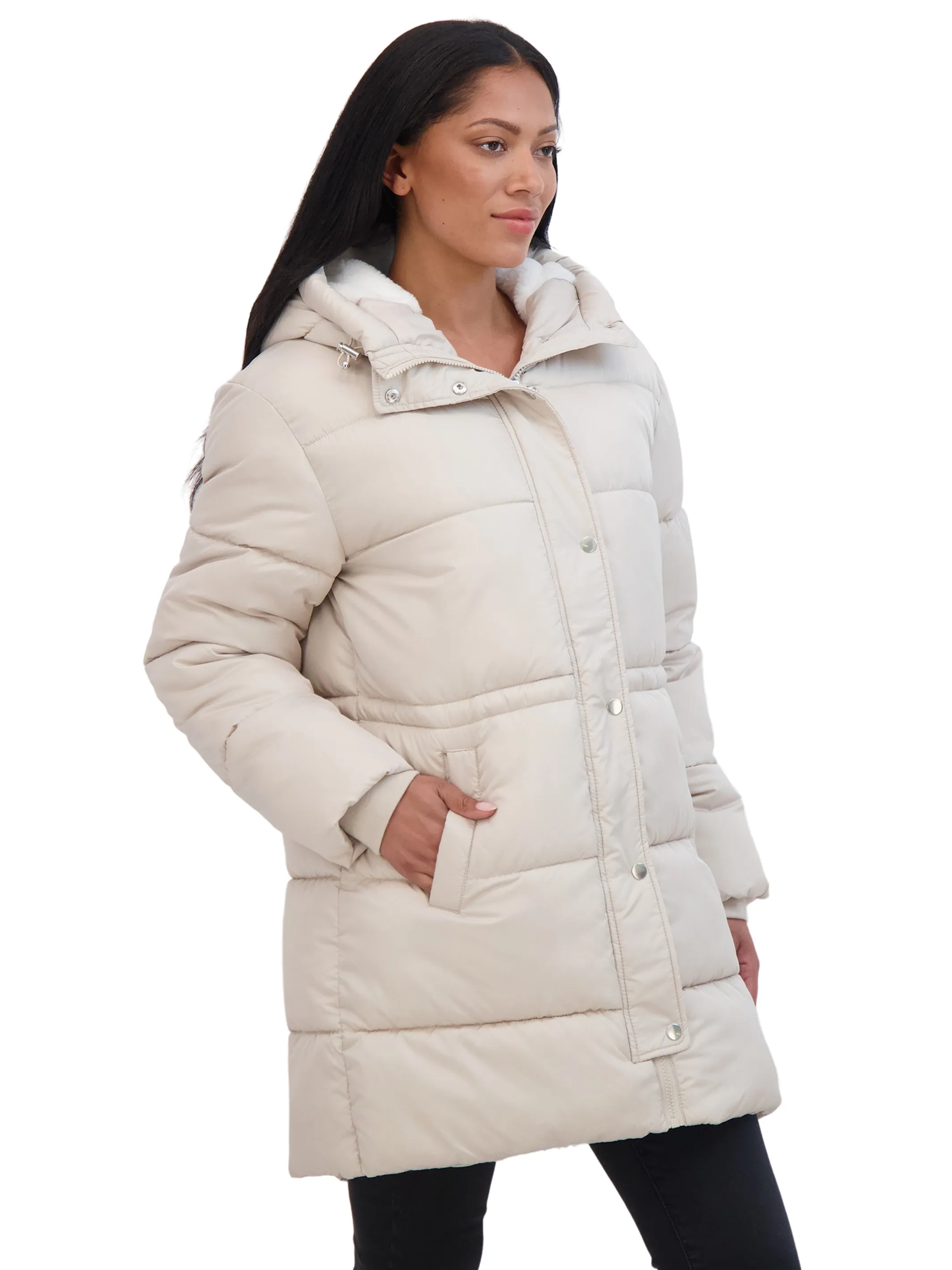 Sebby Collection Women's 3/4 Cozy Lined Hooded Puffer Coat With Drawstring Waist