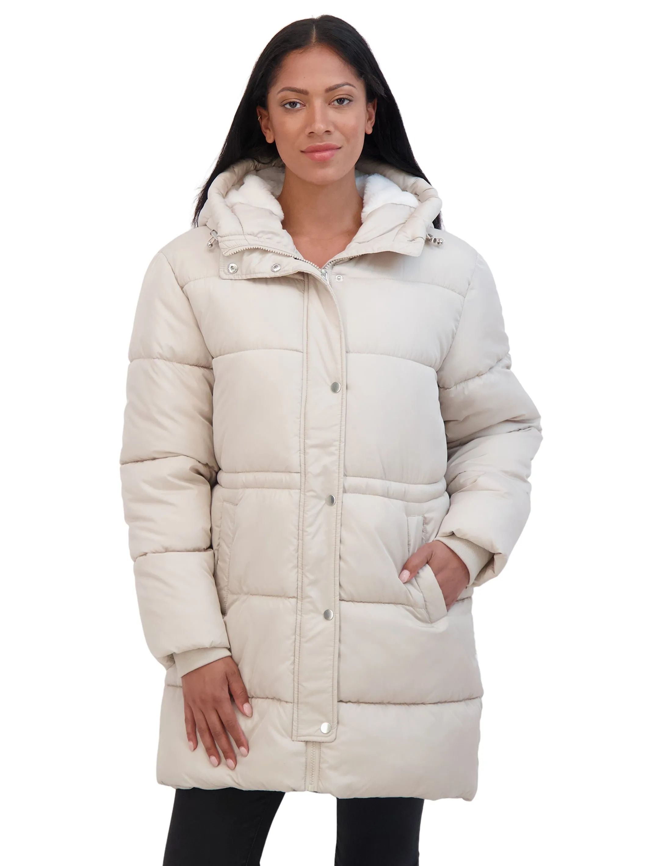 Sebby Collection Women's 3/4 Cozy Lined Hooded Puffer Coat With Drawstring Waist