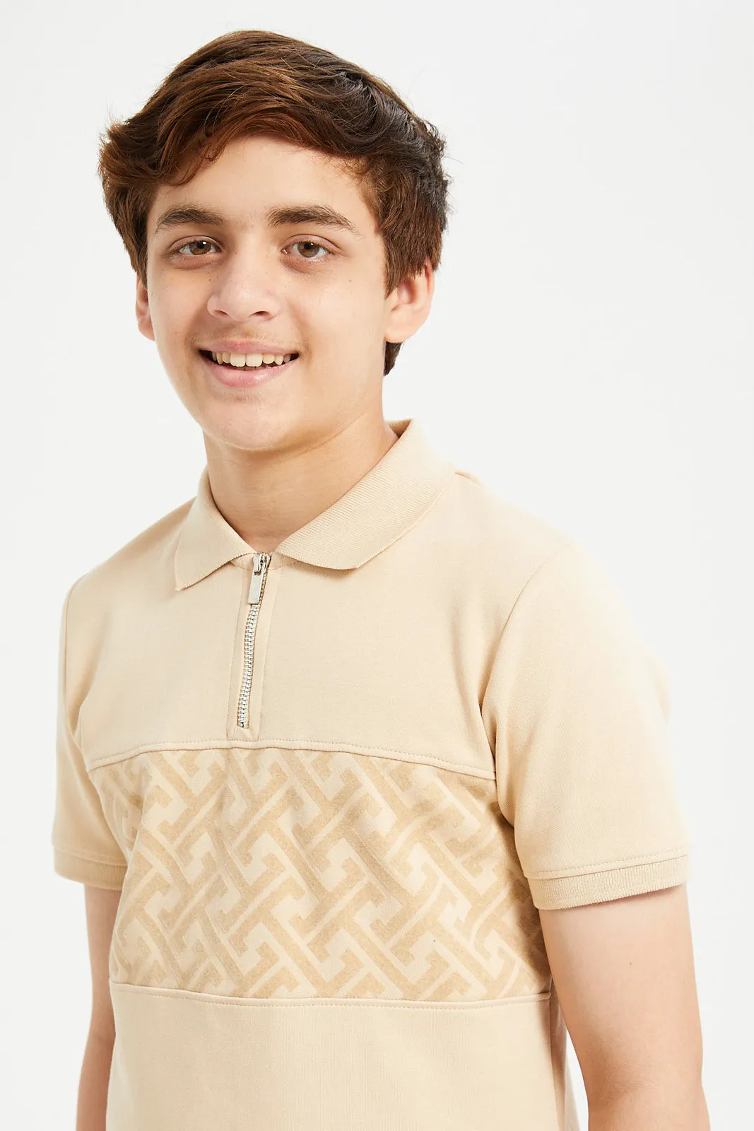 Senior Boys Beige Cut And Sew Collared Zip Polo Neck T-Shirt