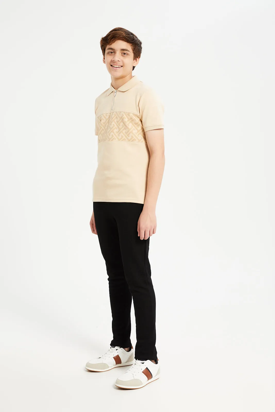 Senior Boys Beige Cut And Sew Collared Zip Polo Neck T-Shirt