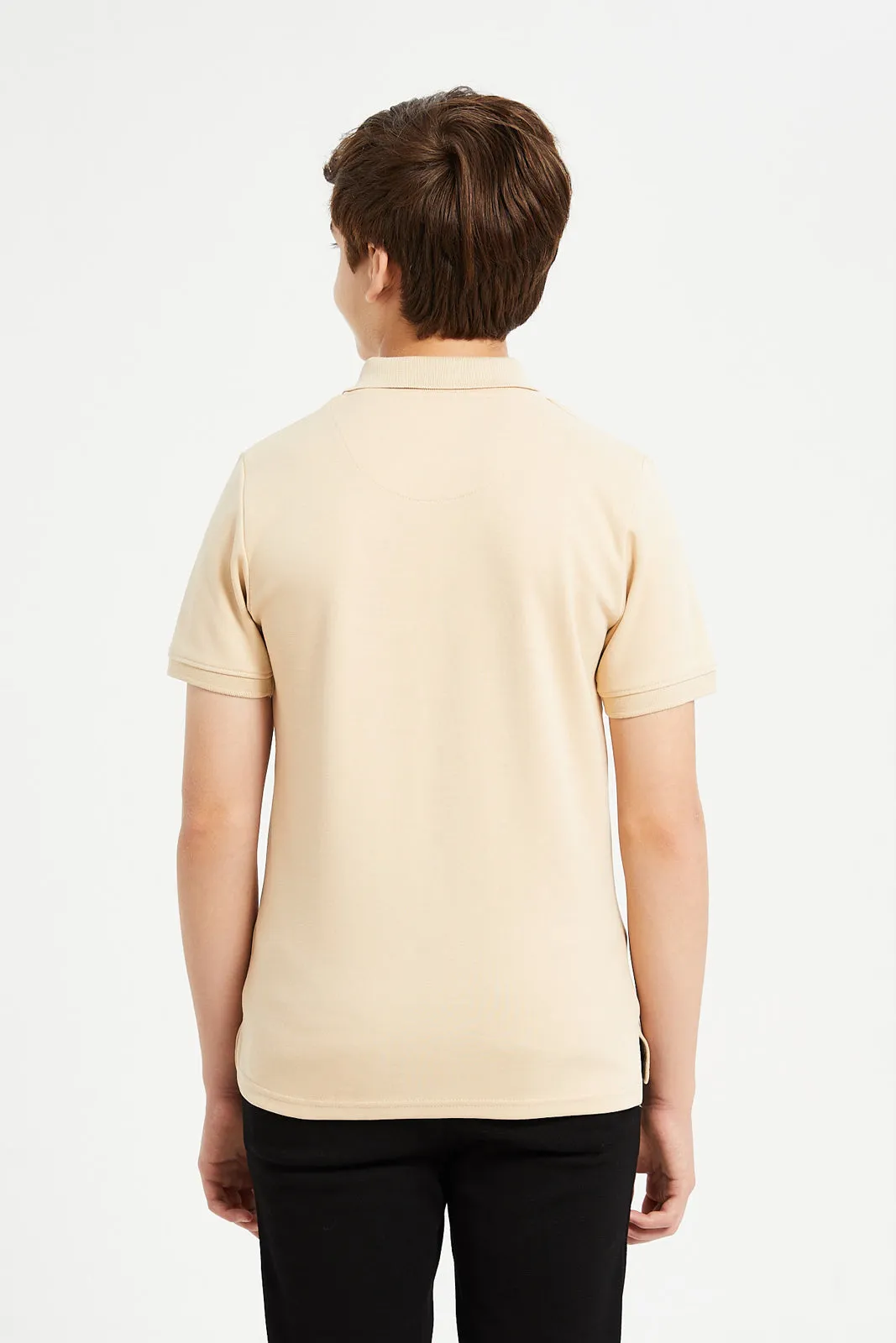 Senior Boys Beige Cut And Sew Collared Zip Polo Neck T-Shirt