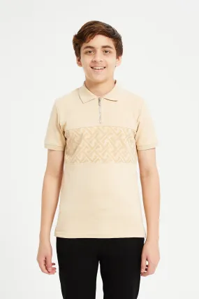 Senior Boys Beige Cut And Sew Collared Zip Polo Neck T-Shirt