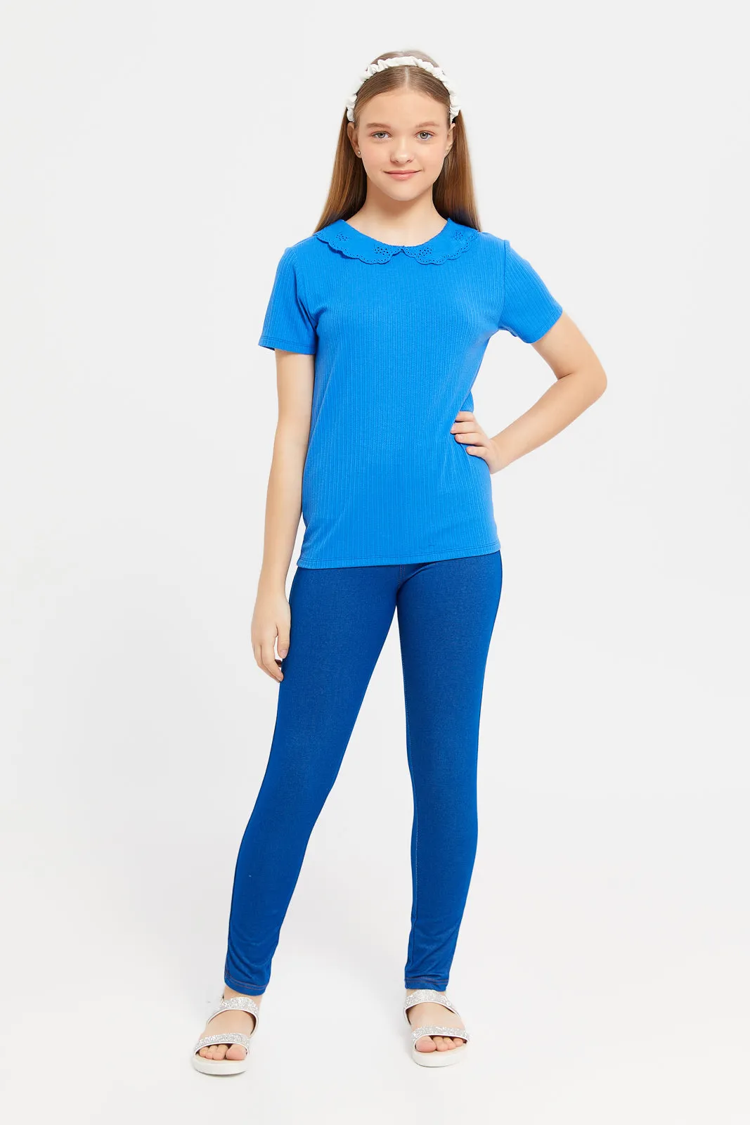 Senior Girls Blue Basic Knitted Jeggings