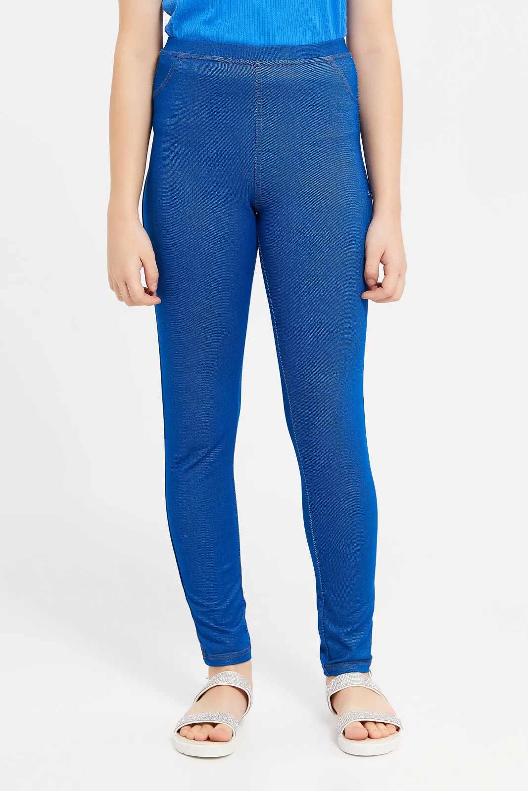 Senior Girls Blue Basic Knitted Jeggings