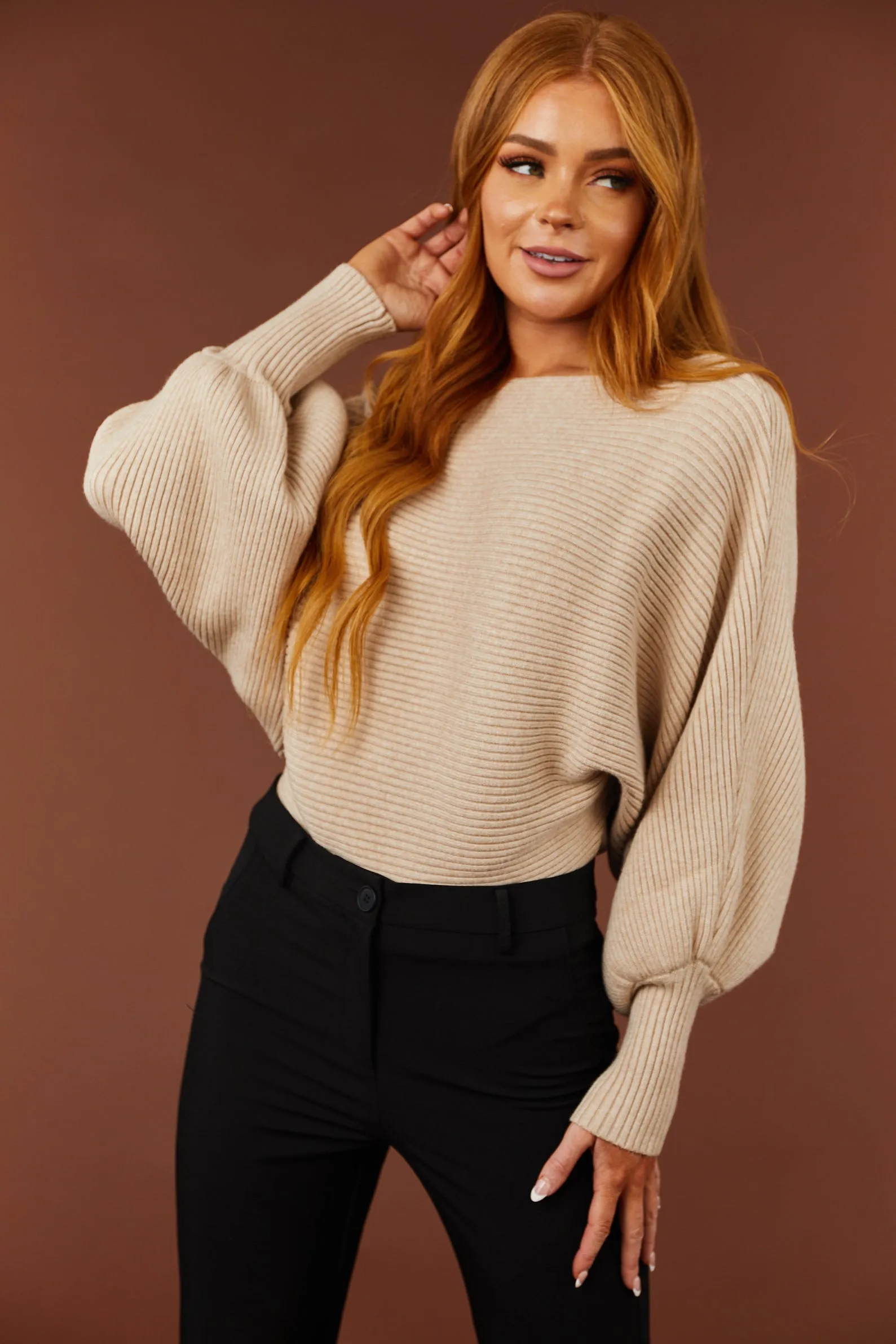 She Sky Oatmeal Boat Neckline Dolman Sleeve Sweater