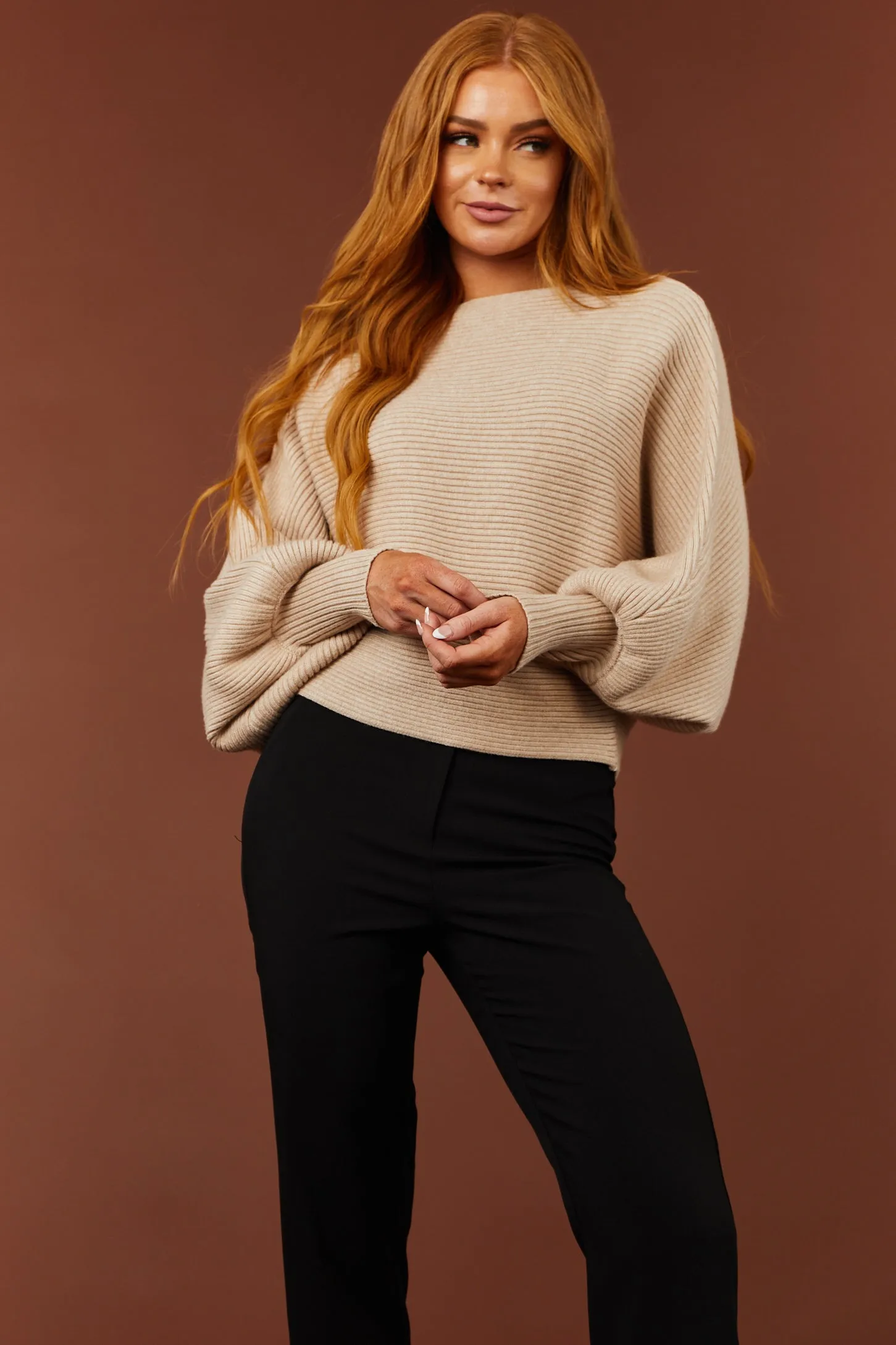 She Sky Oatmeal Boat Neckline Dolman Sleeve Sweater