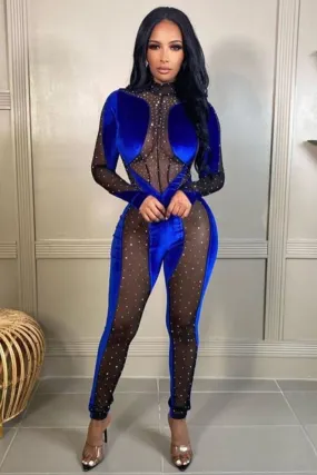 Sheer Mesh Velvet Patchwork Bodycon Jumpsuit With Sequins