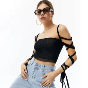 Solid Black Mesh Laced Arm Stretch Cami Crop Top