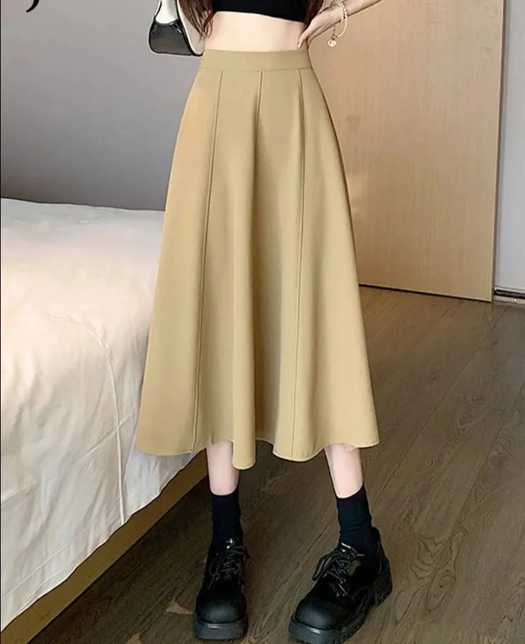 Solid Color Skirts Womens Spring Summer New Elastic Waist High A-Line Skirt Medium Length Large Swing Black Skirt Women