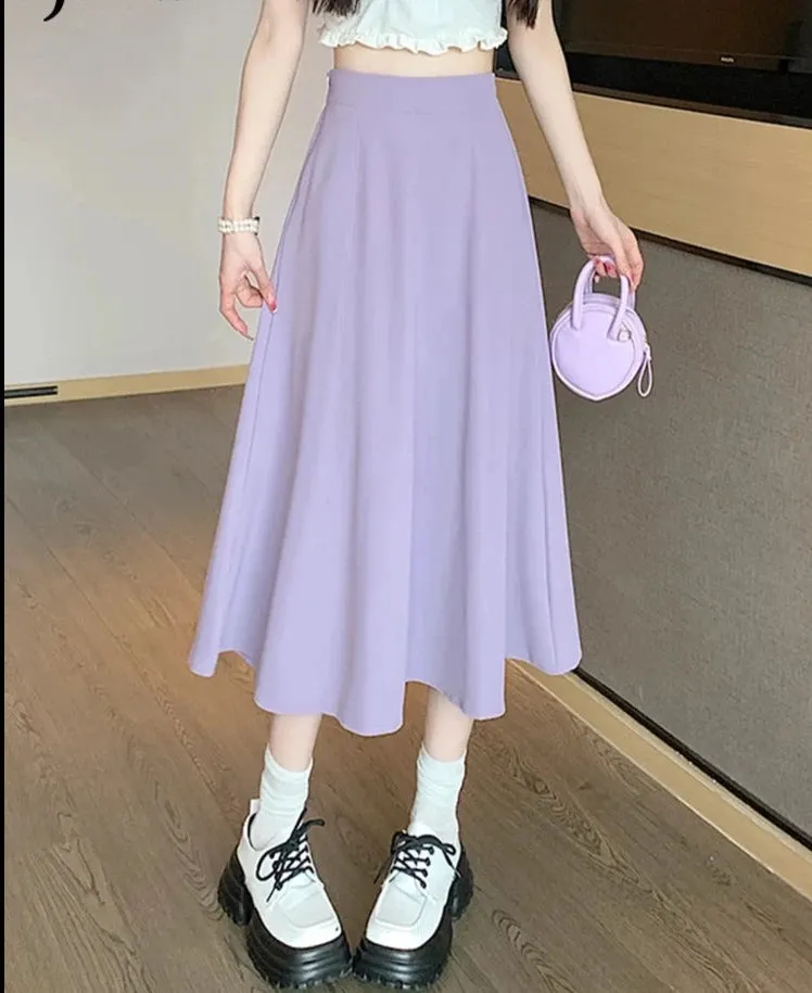 Solid Color Skirts Womens Spring Summer New Elastic Waist High A-Line Skirt Medium Length Large Swing Black Skirt Women