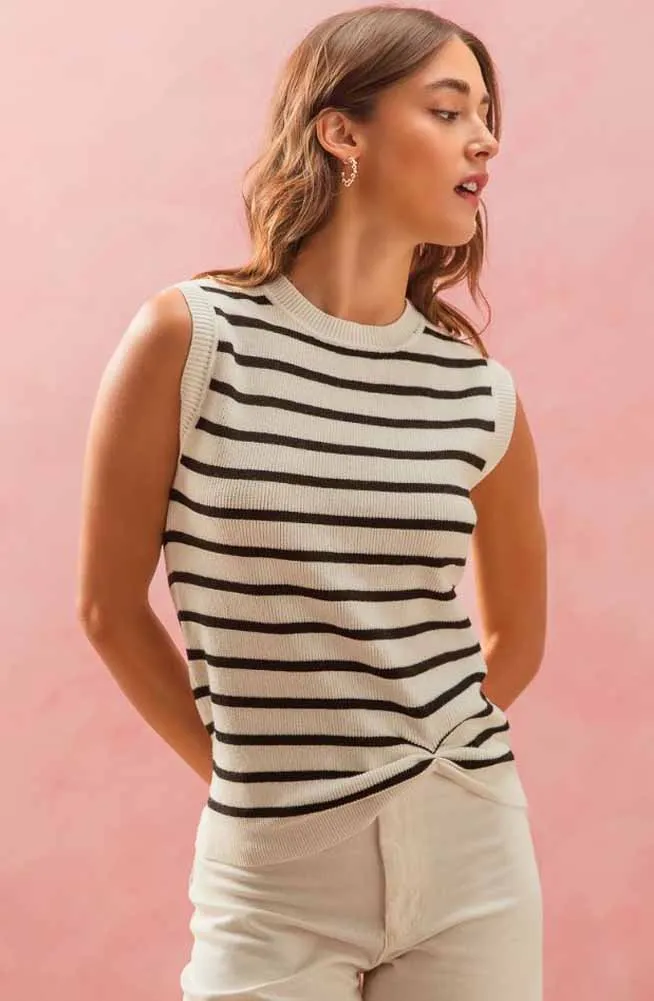 Stripe Knitted Sleeveless Sweater in Ivory/Black by So Me