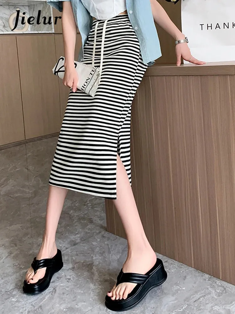 Striped Drawstring Split Female Midi Skirts Chic High Waist Bright Silk Casual Office Ladies Summer Simple Elegant Skirts