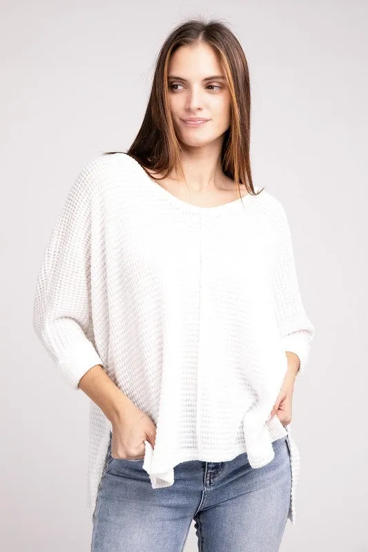 TEEK - 3/4 Sleeve V-Neck Hi-Low Hem Jacquard Sweater