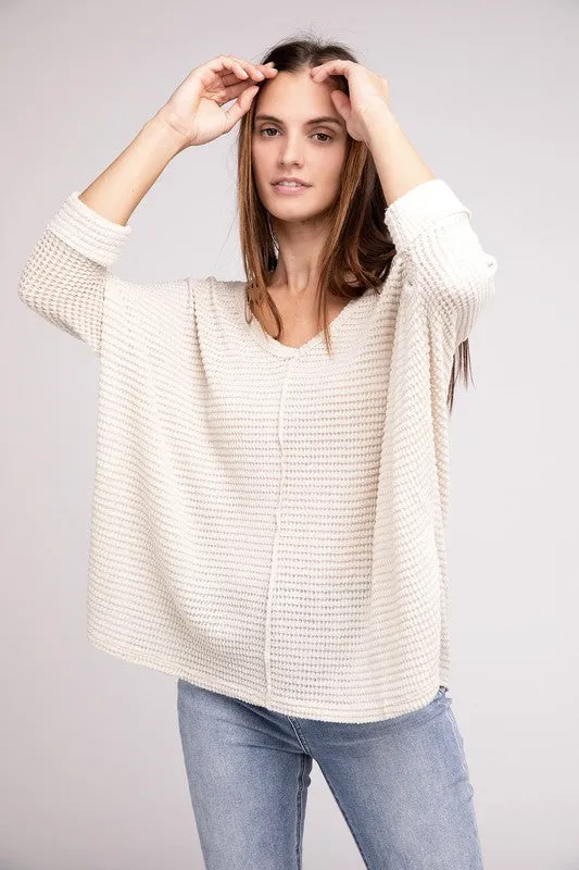 TEEK - 3/4 Sleeve V-Neck Hi-Low Hem Jacquard Sweater