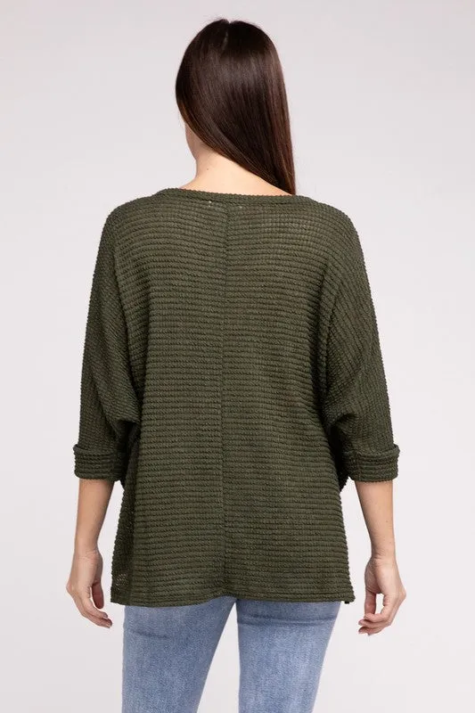 TEEK - 3/4 Sleeve V-Neck Hi-Low Hem Jacquard Sweater