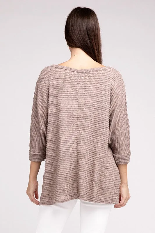 TEEK - 3/4 Sleeve V-Neck Hi-Low Hem Jacquard Sweater