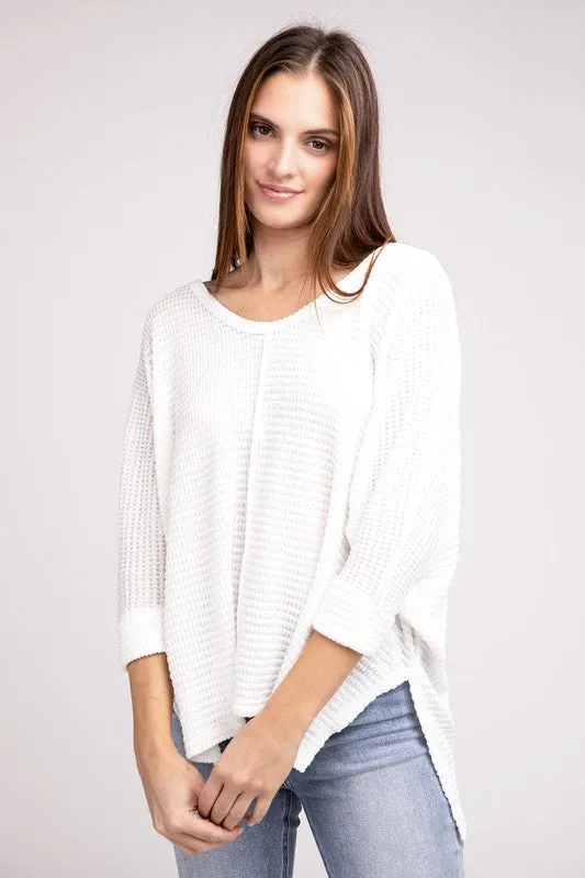 TEEK - 3/4 Sleeve V-Neck Hi-Low Hem Jacquard Sweater