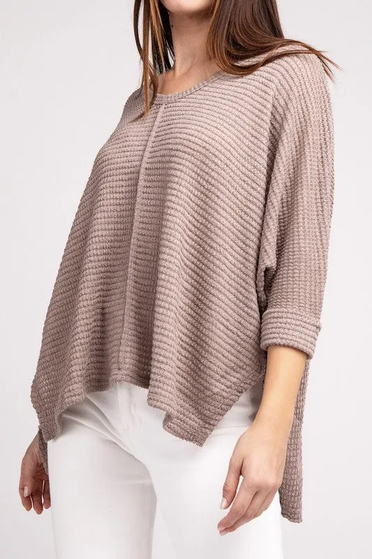 TEEK - 3/4 Sleeve V-Neck Hi-Low Hem Jacquard Sweater