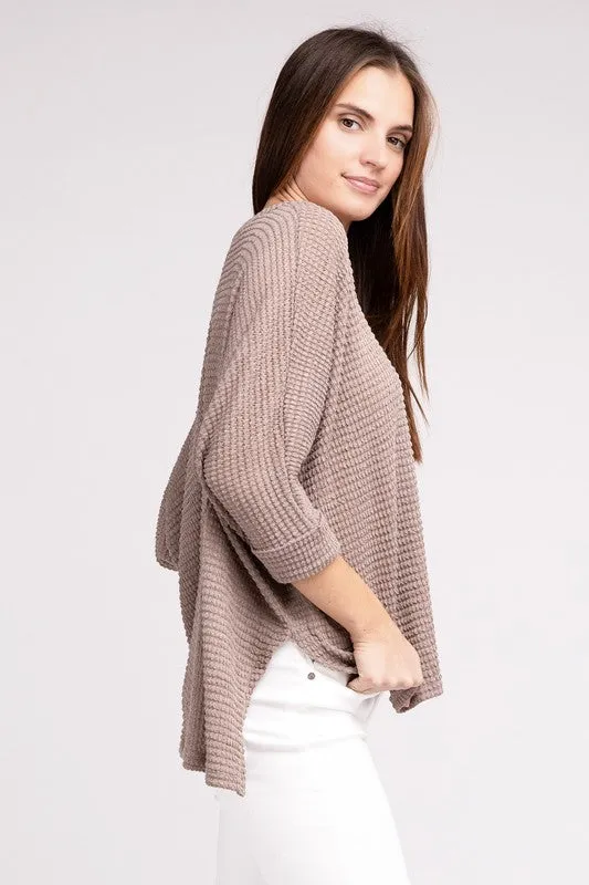 TEEK - 3/4 Sleeve V-Neck Hi-Low Hem Jacquard Sweater