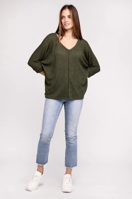 TEEK - 3/4 Sleeve V-Neck Hi-Low Hem Jacquard Sweater