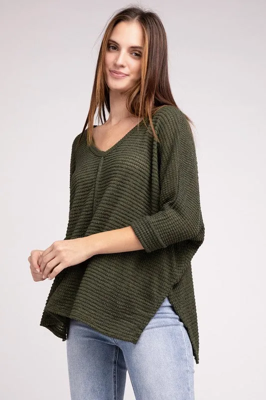 TEEK - 3/4 Sleeve V-Neck Hi-Low Hem Jacquard Sweater