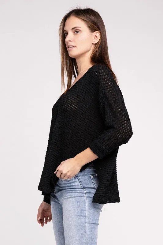 TEEK - 3/4 Sleeve V-Neck Hi-Low Hem Jacquard Sweater