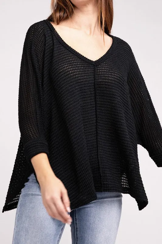 TEEK - 3/4 Sleeve V-Neck Hi-Low Hem Jacquard Sweater