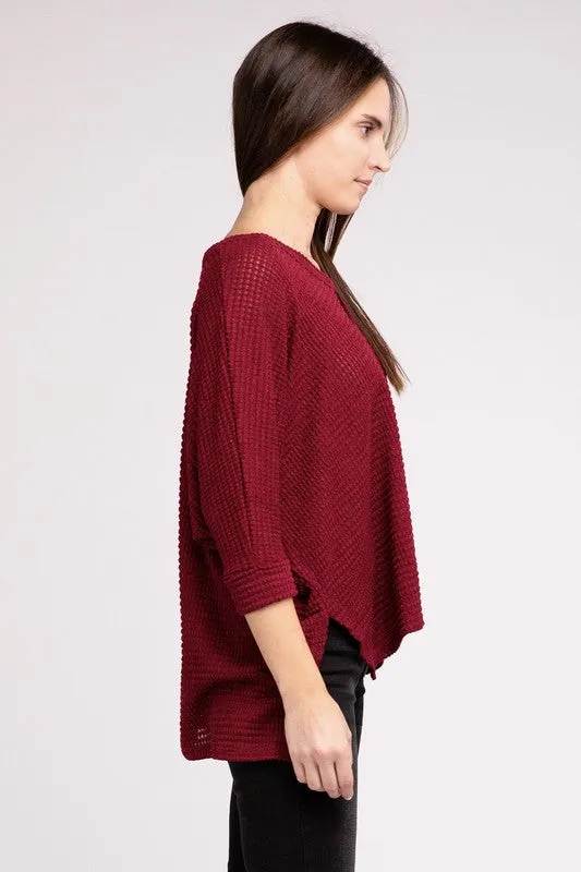 TEEK - 3/4 Sleeve V-Neck Hi-Low Hem Jacquard Sweater