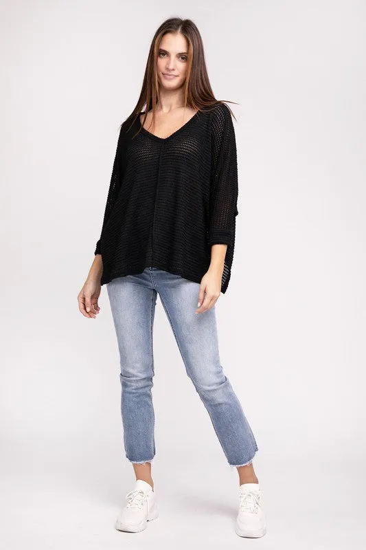 TEEK - 3/4 Sleeve V-Neck Hi-Low Hem Jacquard Sweater