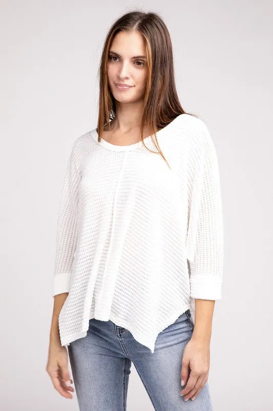 TEEK - 3/4 Sleeve V-Neck Hi-Low Hem Jacquard Sweater