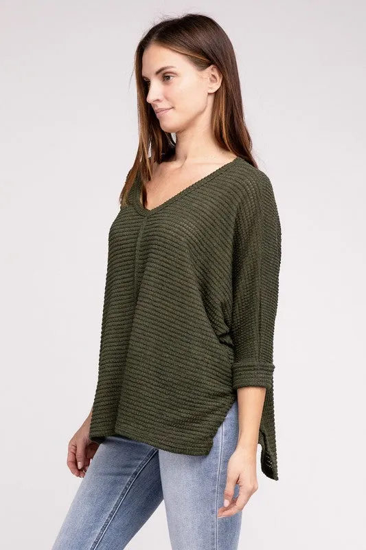 TEEK - 3/4 Sleeve V-Neck Hi-Low Hem Jacquard Sweater