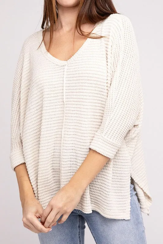 TEEK - 3/4 Sleeve V-Neck Hi-Low Hem Jacquard Sweater