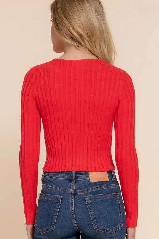 Tinsley Long Sleeve Ribbed Knit Sweater Top Red