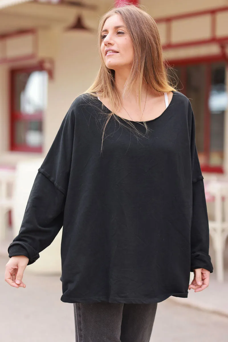 Top large stretch et confort noir coutures apparentes col rond