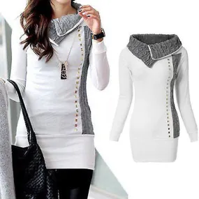 Trendy warm fold neck long sweater top