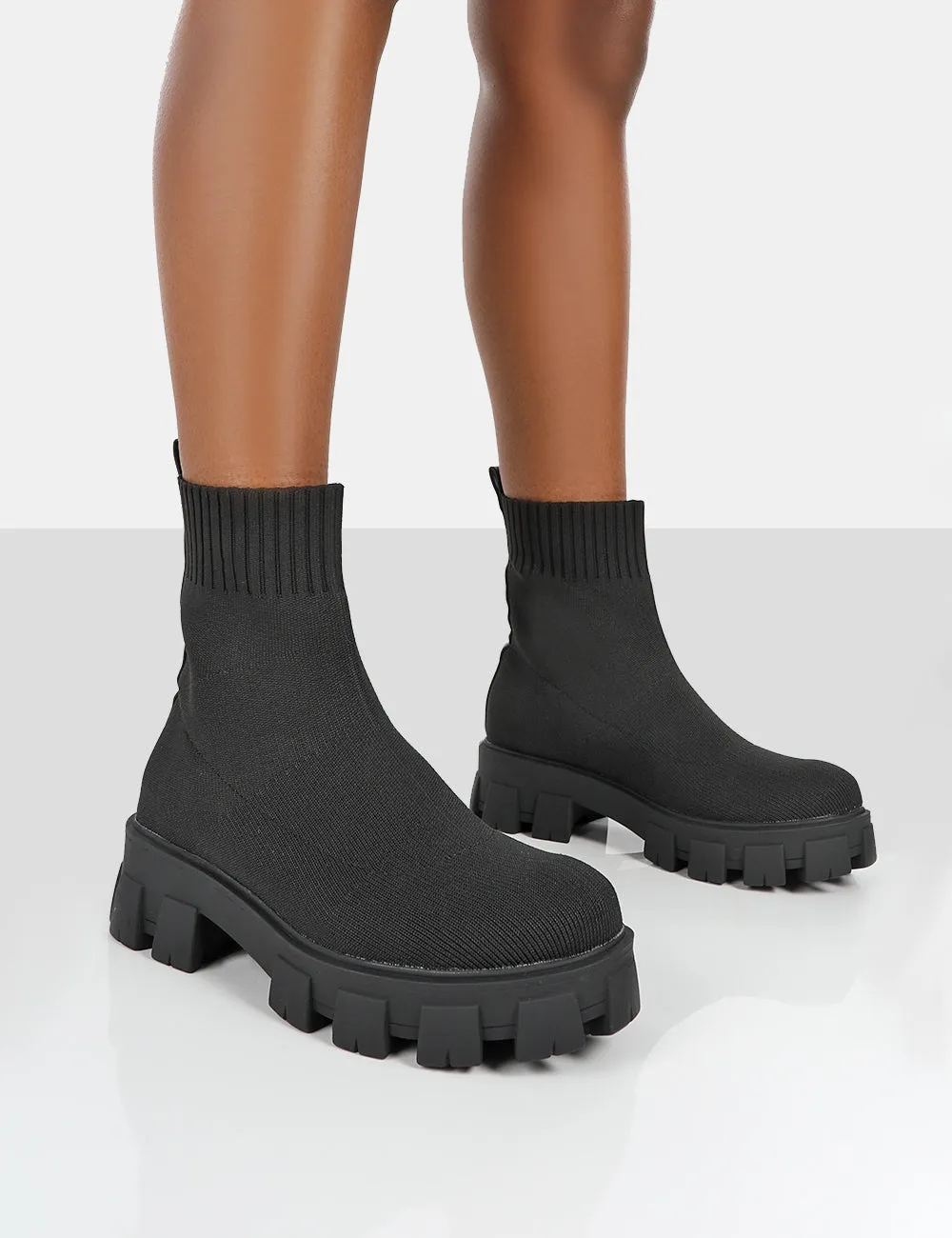 Trust Black Knit Chunky Sole Heeled Ankle Boots