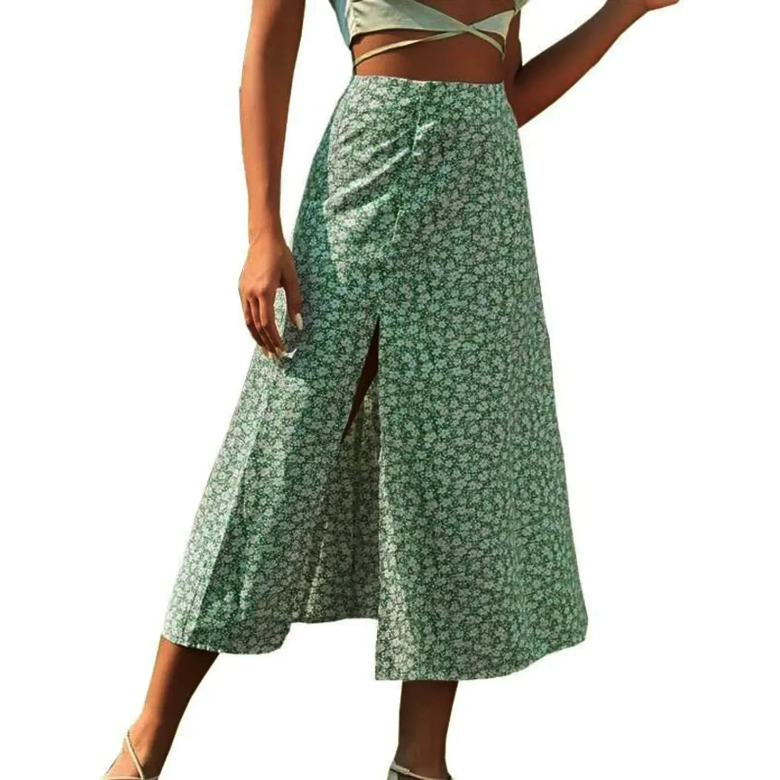 Ultra-thin Floral Print Midi Skirt Casual Holiday Bohemian Beach Style Long Side Summer Skirt