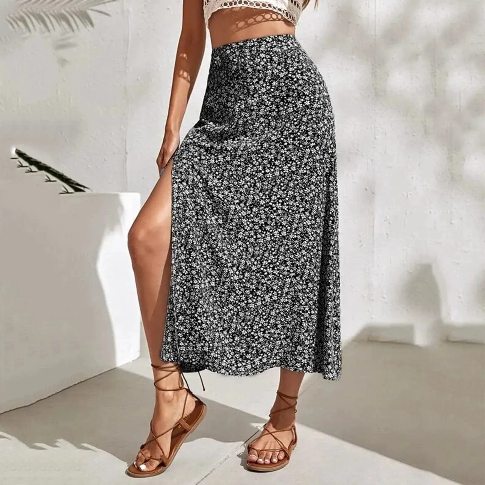 Ultra-thin Floral Print Midi Skirt Casual Holiday Bohemian Beach Style Long Side Summer Skirt