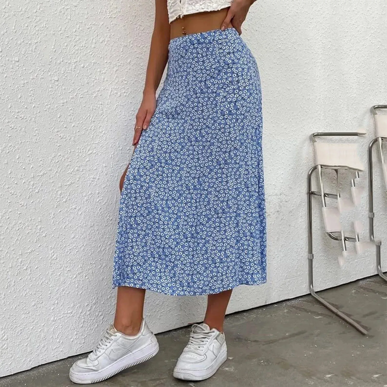 Ultra-thin Floral Print Midi Skirt Casual Holiday Bohemian Beach Style Long Side Summer Skirt