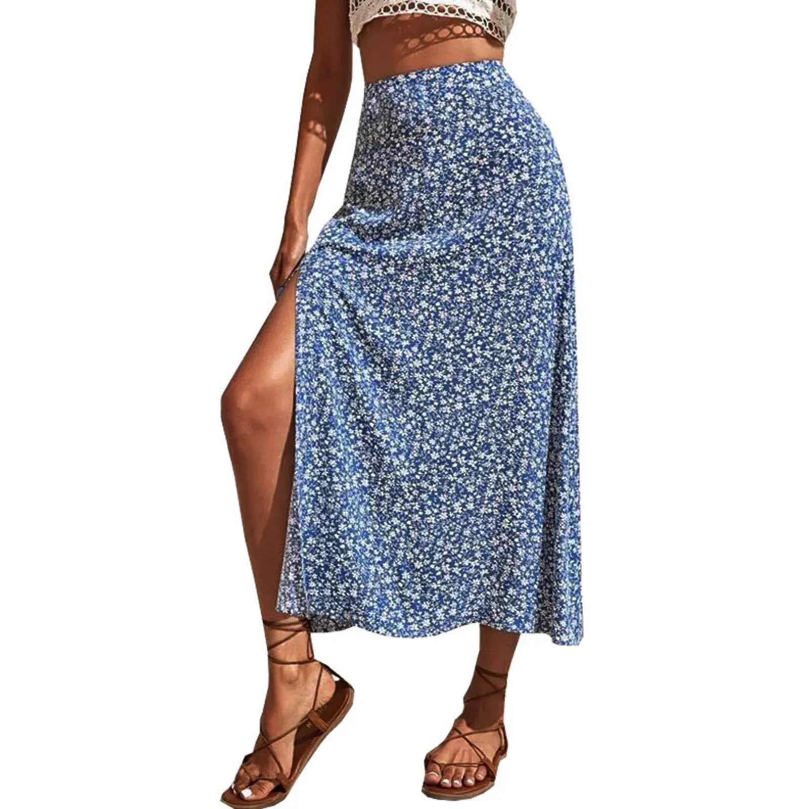 Ultra-thin Floral Print Midi Skirt Casual Holiday Bohemian Beach Style Long Side Summer Skirt