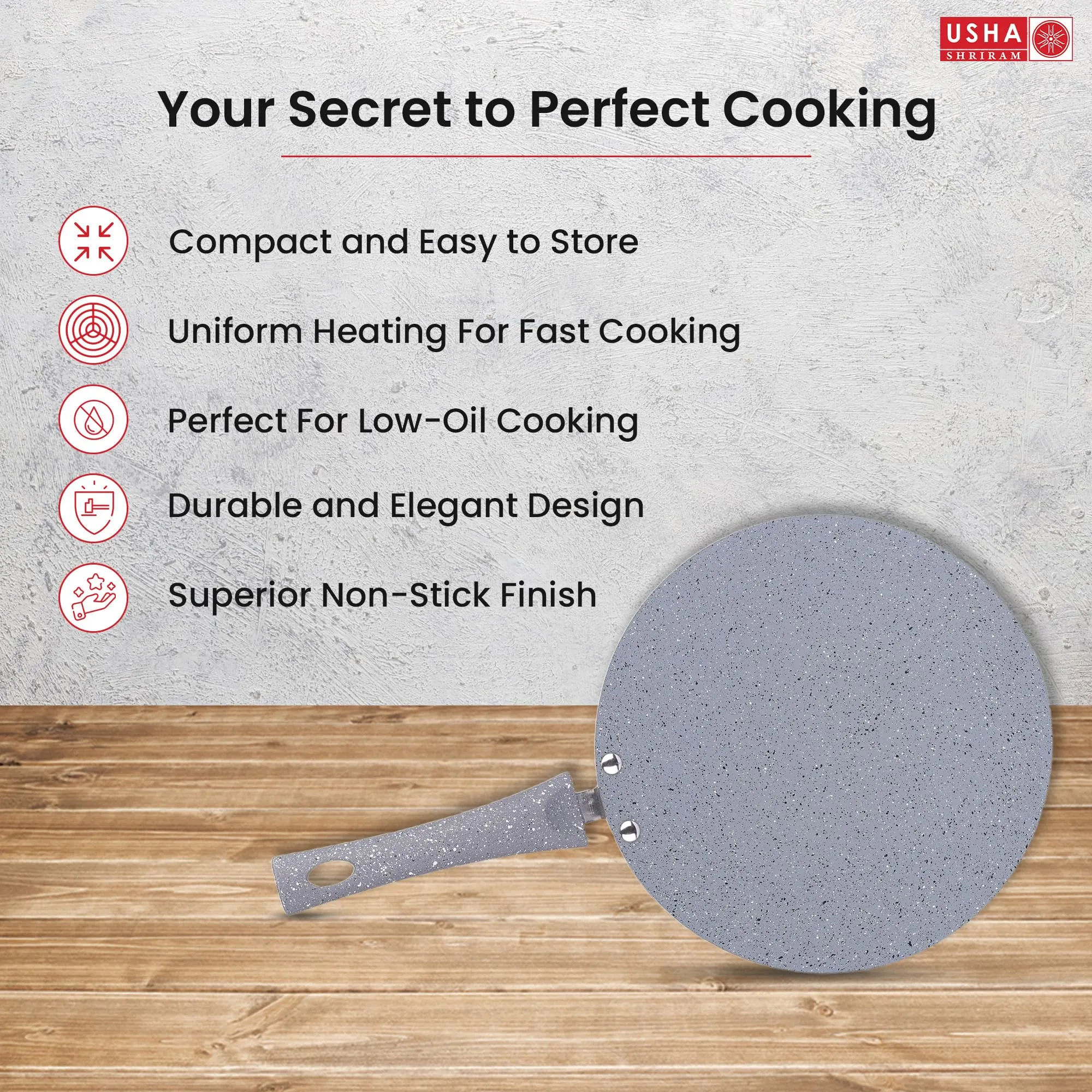 USHA SHRIRAM (24cm Lunar Haze Non Stick Roti Tawa with Riveted Handle | High Grade Aluminium | Scratch Resistant Surface | Roti Nonstick Dosa Tawa Non Stick Pan | Flat Tawa Non Stick(Grey)