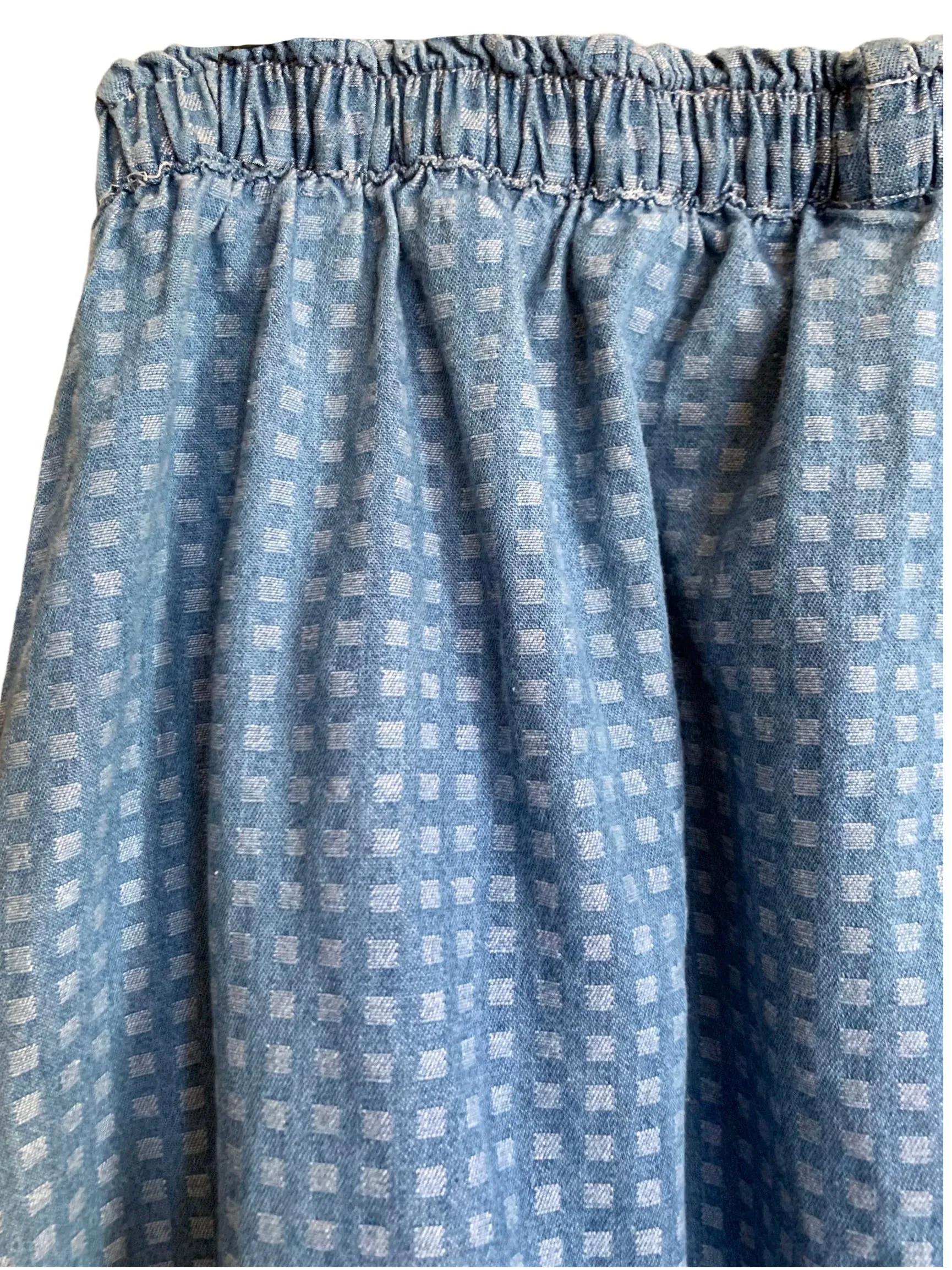 Vintage 80s Bohemian Medium Wash Blue Denim High Waisted Geometric Squares Print Button Down Midi Circle Skirt | Size 28-34 Inch Waist