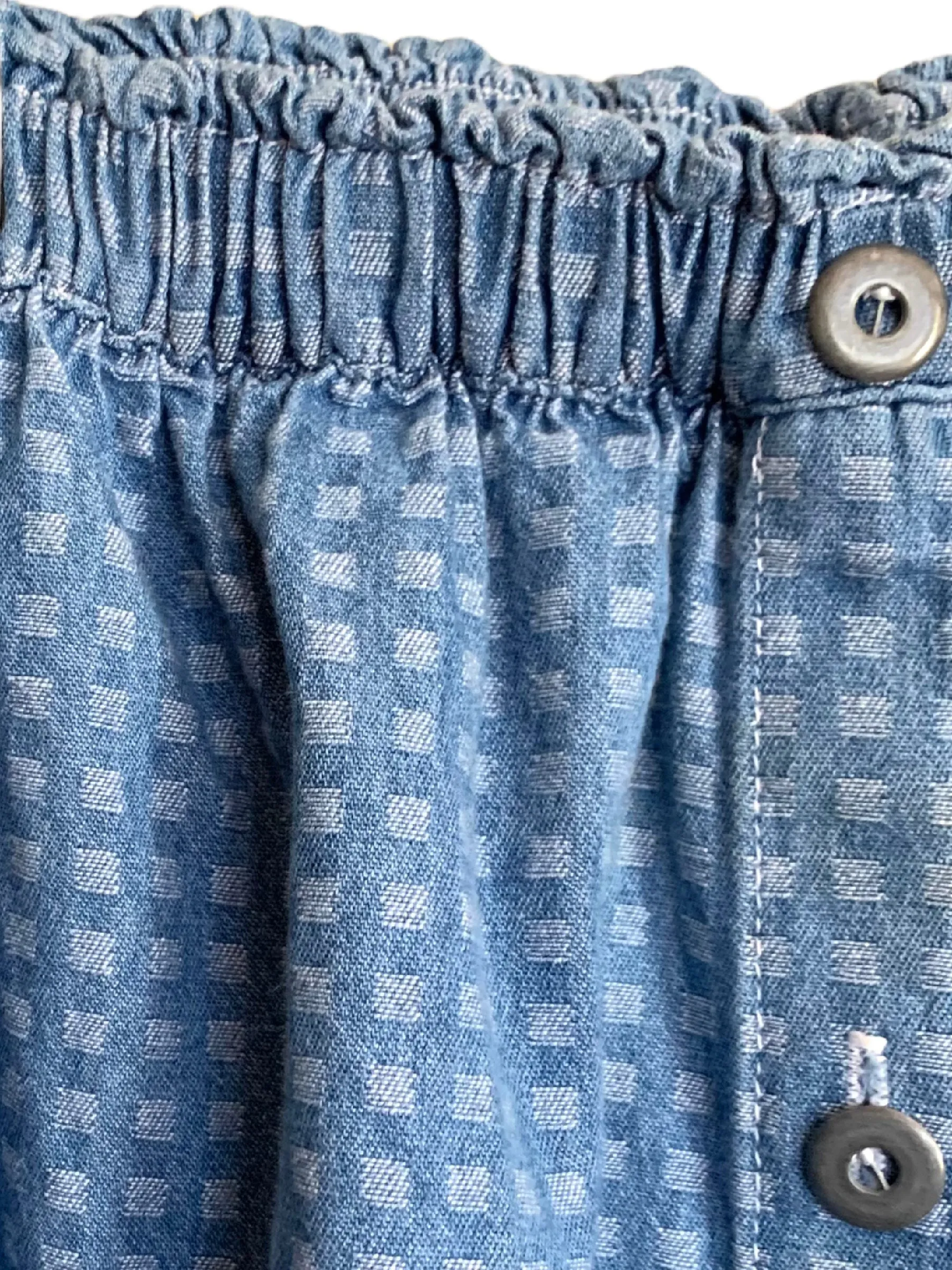 Vintage 80s Bohemian Medium Wash Blue Denim High Waisted Geometric Squares Print Button Down Midi Circle Skirt | Size 28-34 Inch Waist